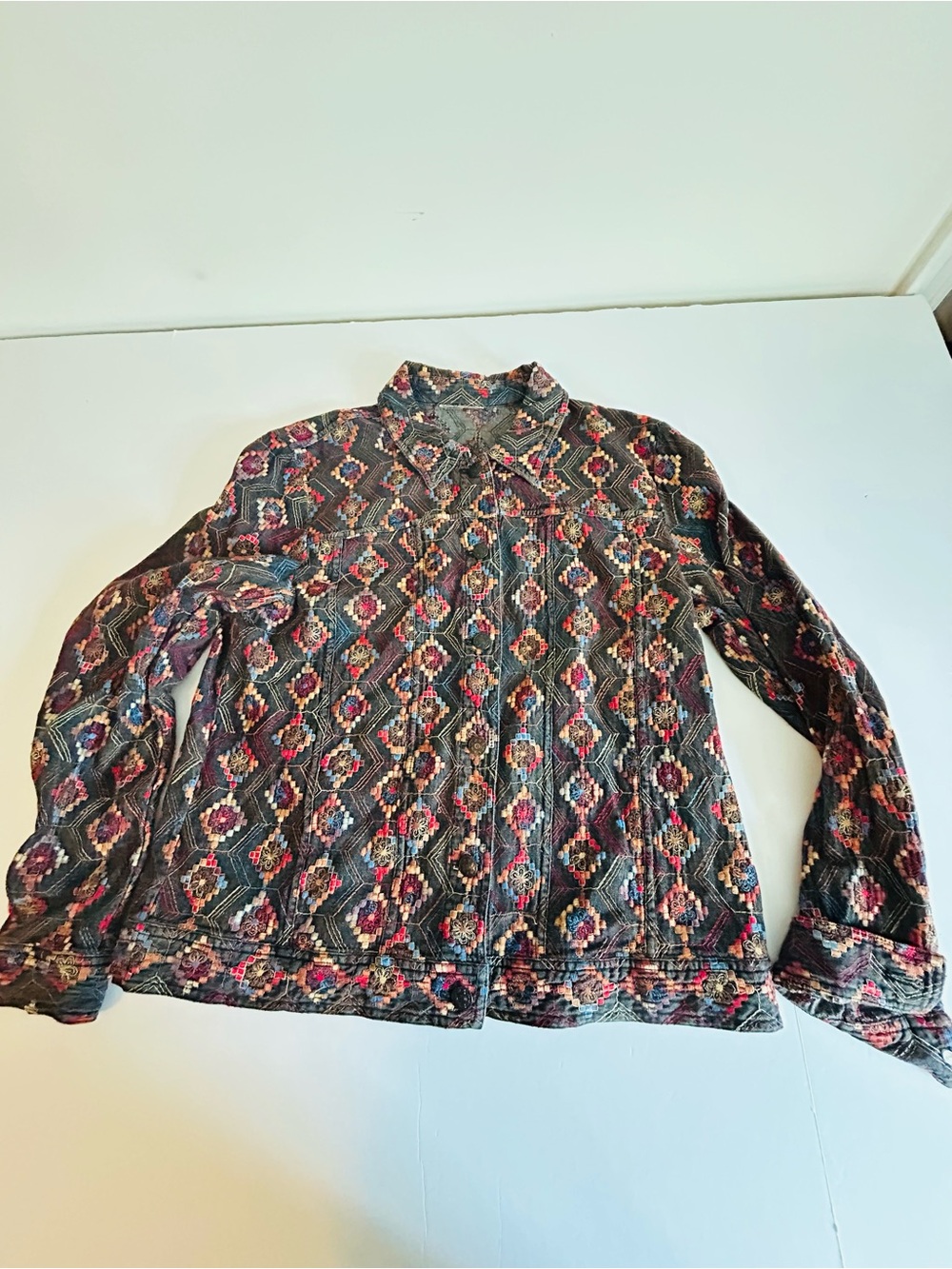 Coldwater Creek black denim jacket Embroidered with Multicolor Stitching